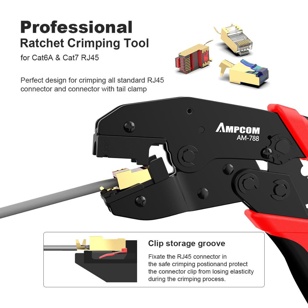 AM-788 One-step RJ45 Ratcheting Crimper Network Tool for Cat6A, Cat7 Shielded Connector with 2pcs Replaceable crimping dies
