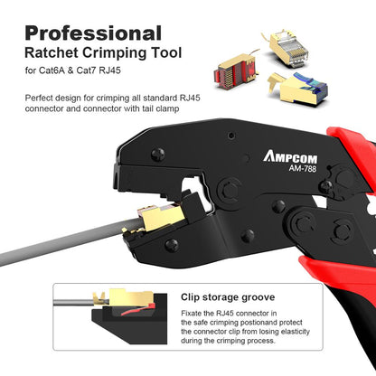 AM-788 One-step RJ45 Ratcheting Crimper Network Tool for Cat6A, Cat7 Shielded Connector with 2pcs Replaceable crimping dies